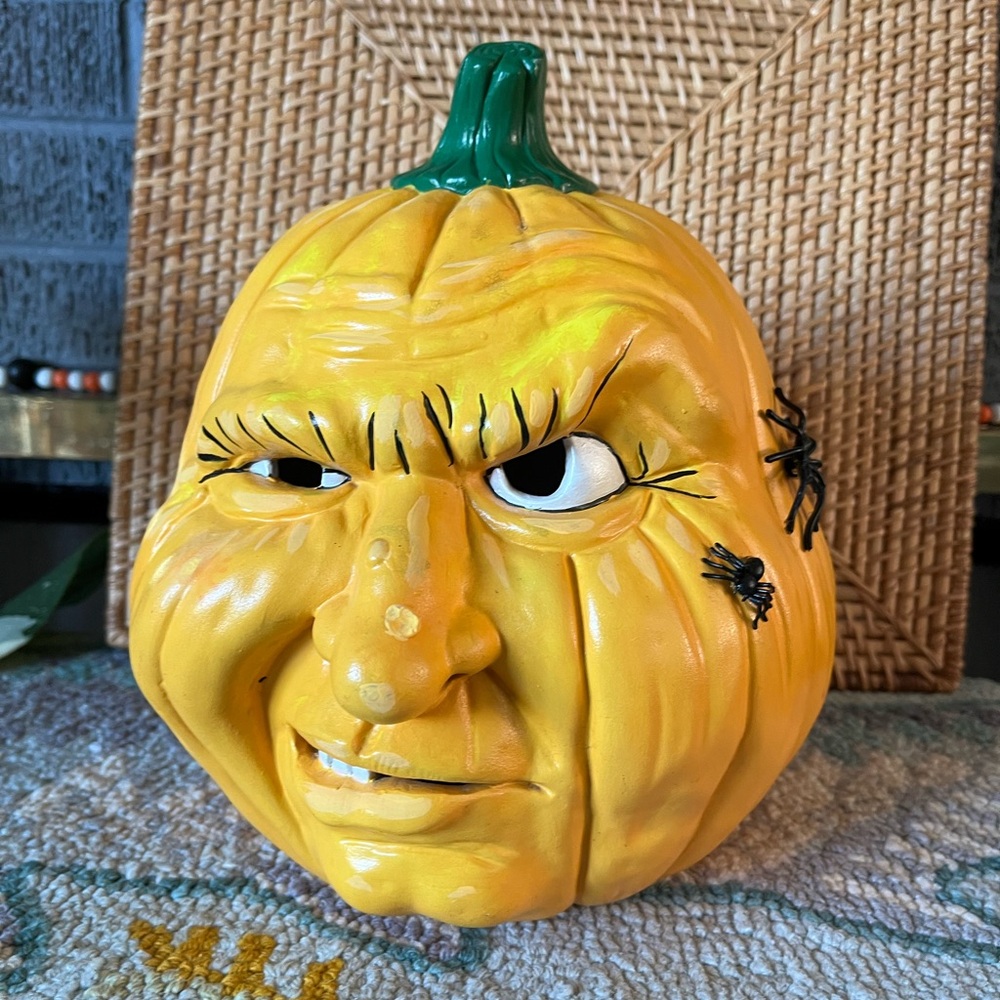 Vintage 10” Scioto Ceramic Spooky Face Pumpkin Jack-o-lantern Halloween Rare Vtg